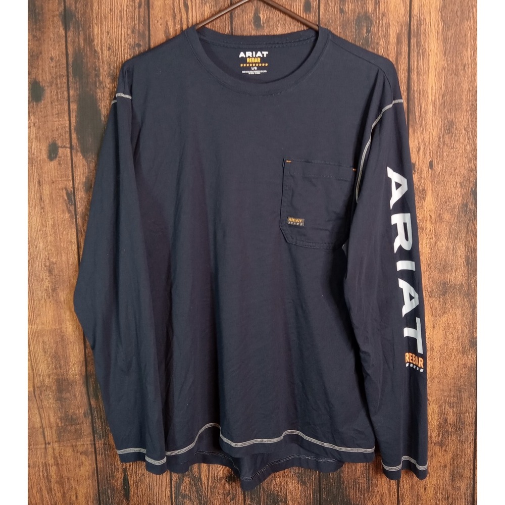 Ariat Rebar Mens Navy Blue Long Sleeve Graphic Pocket Work T-Shirt Size Large